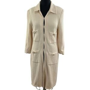 VINTAGE St John Cream Long Line Duster Wool Four Pocket Sweater Coat 10 FLAW VTG